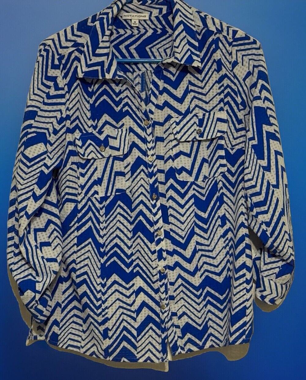 Notations Blue White Shear Blouse Button Front Long Sleeve Pockets Size Medium